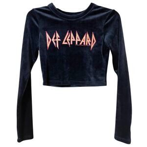 Def Leppard Cropped Long Sleeve Top Women’s Small Black Velvet Band Tee Graphic